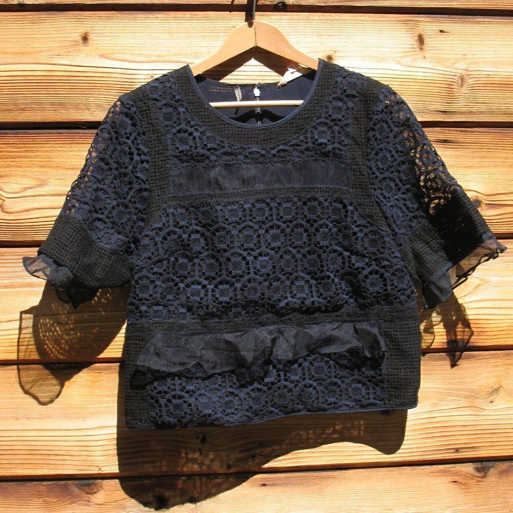 Rebecca a Taylor Blue Black Lace Ruffle Top